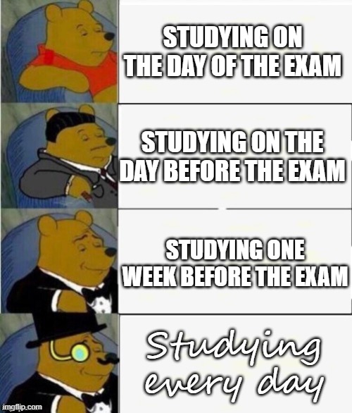 Tuxedo Winnie the Pooh 4 panel | STUDYING ON THE DAY OF THE EXAM; STUDYING ON THE DAY BEFORE THE EXAM; STUDYING ONE WEEK BEFORE THE EXAM; Studying every day | image tagged in tuxedo winnie the pooh 4 panel | made w/ Imgflip meme maker