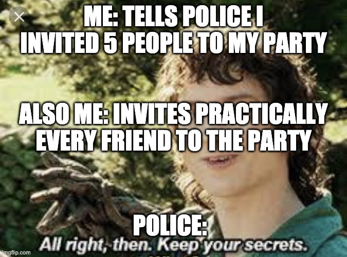 All Right Then, Keep Your Secrets | ME: TELLS POLICE I INVITED 5 PEOPLE TO MY PARTY POLICE: ALSO ME: INVITES PRACTICALLY EVERY FRIEND TO THE PARTY | image tagged in all right then keep your secrets | made w/ Imgflip meme maker