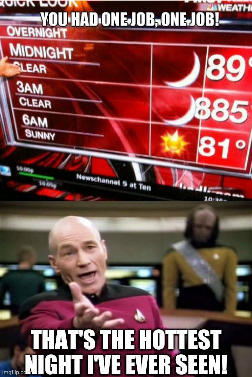What a heat burst... | THAT'S THE HOTTEST NIGHT I'VE EVER SEEN! | image tagged in memes,picard wtf,funny,you had one job just the one,weather | made w/ Imgflip meme maker