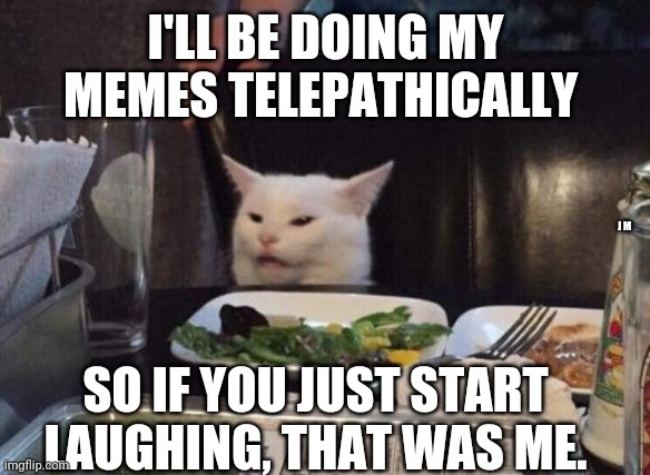 Salad cat | I'LL BE DOING MY MEMES TELEPATHICALLY; J M; SO IF YOU JUST START LAUGHING, THAT WAS ME. | image tagged in salad cat | made w/ Imgflip meme maker