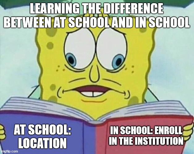 cross eyed spongebob | LEARNING THE DIFFERENCE BETWEEN AT SCHOOL AND IN SCHOOL; IN SCHOOL: ENROLL IN THE INSTITUTION; AT SCHOOL: LOCATION | image tagged in cross eyed spongebob | made w/ Imgflip meme maker