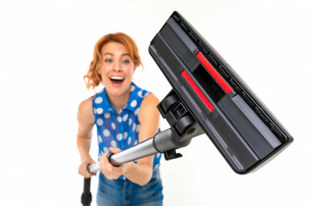 Funny woman with vacuum cleaner Blank Meme Template