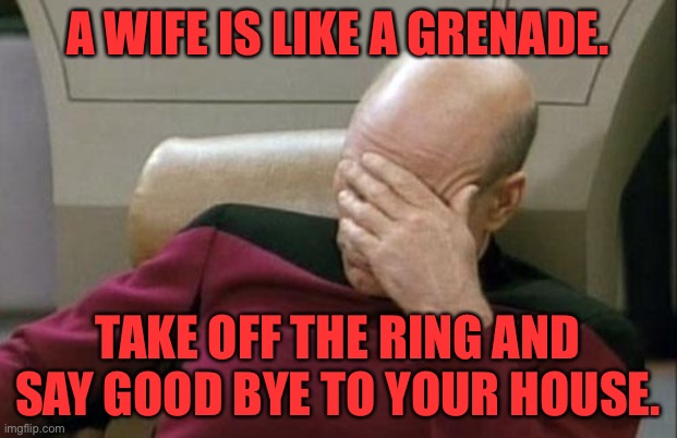 Captain Picard Facepalm | A WIFE IS LIKE A GRENADE. TAKE OFF THE RING AND SAY GOOD BYE TO YOUR HOUSE. | image tagged in memes,captain picard facepalm,funny,funny memes | made w/ Imgflip meme maker