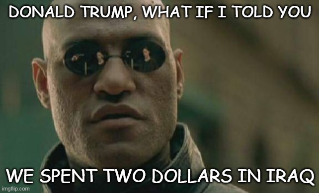 Matrix Morpheus | DONALD TRUMP, WHAT IF I TOLD YOU; WE SPENT TWO DOLLARS IN IRAQ | image tagged in memes,matrix morpheus | made w/ Imgflip meme maker