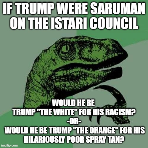 Saruman eventually went on to be "Saruman of Many Colors"... Is Trump in the closet? | IF TRUMP WERE SARUMAN ON THE ISTARI COUNCIL; WOULD HE BE 
TRUMP "THE WHITE" FOR HIS RACISM?
-OR-
 WOULD HE BE TRUMP "THE ORANGE" FOR HIS HILARIOUSLY POOR SPRAY TAN? | image tagged in memes,philosoraptor,lord of the rings,trump,lol,hidin in the closet | made w/ Imgflip meme maker