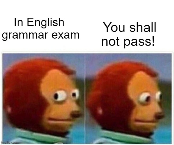 English grammar Exam | In English 
grammar exam; You shall not pass! | image tagged in memes,monkey puppet | made w/ Imgflip meme maker