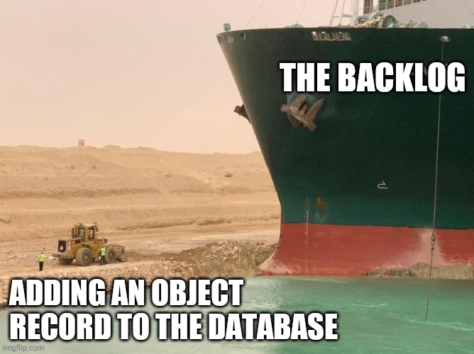 Museum cataloging | THE BACKLOG; ADDING AN OBJECT 
RECORD TO THE DATABASE | image tagged in museum | made w/ Imgflip meme maker