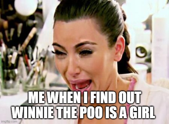 Kim Kardashian | ME WHEN I FIND OUT WINNIE THE POO IS A GIRL | image tagged in kim kardashian | made w/ Imgflip meme maker