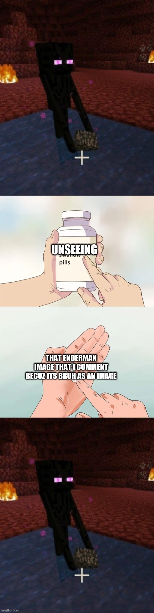 Double bruh | UNSEEING; THAT ENDERMAN IMAGE THAT I COMMENT BECUZ ITS BRUH AS AN IMAGE | image tagged in enderman holding bedrock in water in the nether,memes,hard to swallow pills | made w/ Imgflip meme maker