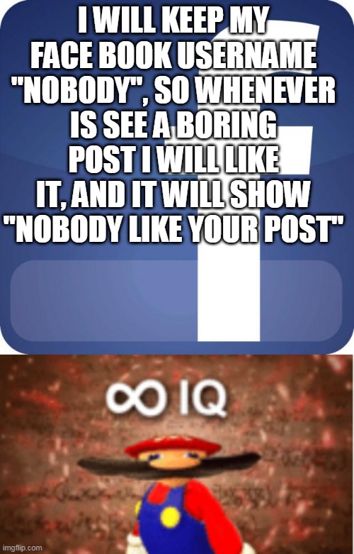 I WILL KEEP MY FACE BOOK USERNAME "NOBODY", SO WHENEVER IS SEE A BORING POST I WILL LIKE IT, AND IT WILL SHOW "NOBODY LIKE YOUR POST" | image tagged in facebook,infinite iq | made w/ Imgflip meme maker