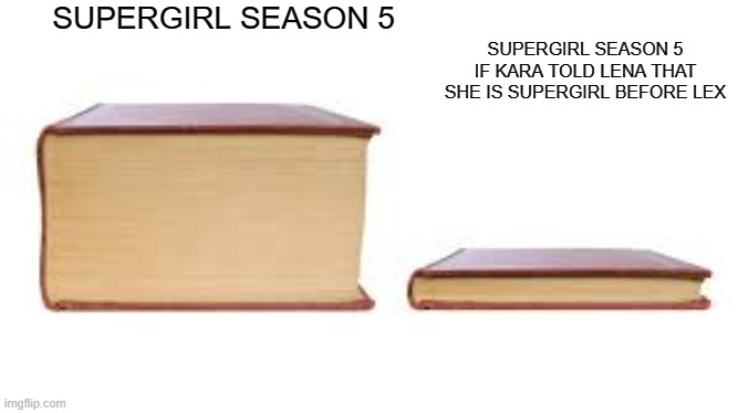 Big book small book | SUPERGIRL SEASON 5 IF KARA TOLD LENA THAT SHE IS SUPERGIRL BEFORE LEX; SUPERGIRL SEASON 5 | image tagged in big book small book | made w/ Imgflip meme maker