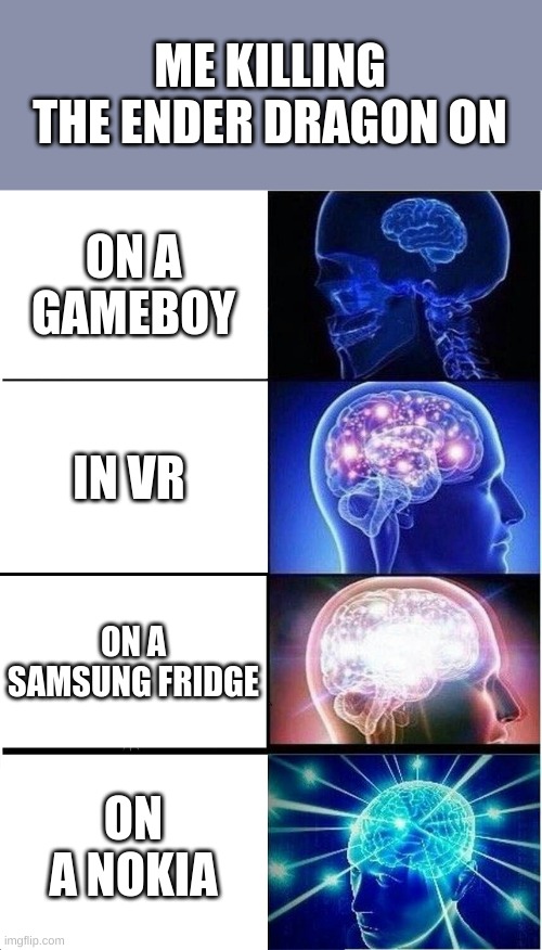 Expanding Brain | ME KILLING THE ENDER DRAGON ON; ON A GAMEBOY; IN VR; ON A SAMSUNG FRIDGE; ON A NOKIA | image tagged in memes,expanding brain | made w/ Imgflip meme maker