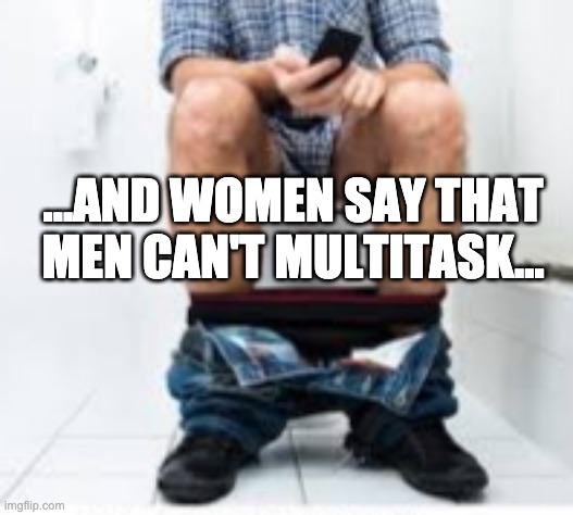 Toilet phone use | ...AND WOMEN SAY THAT MEN CAN'T MULTITASK... | image tagged in toilet phone use | made w/ Imgflip meme maker