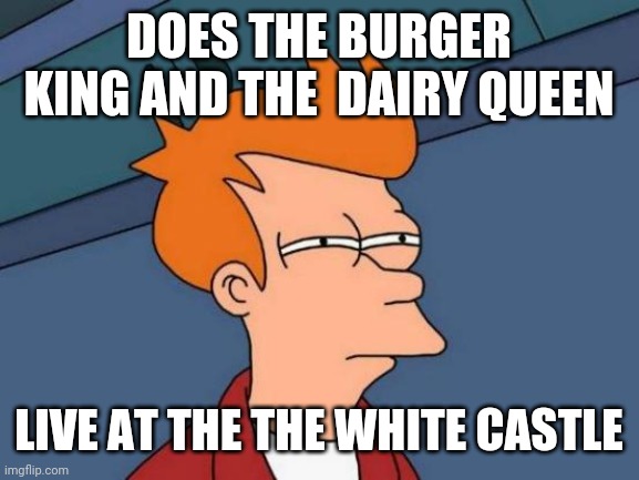 Futurama Fry | DOES THE BURGER KING AND THE  DAIRY QUEEN; LIVE AT THE THE WHITE CASTLE | image tagged in memes,futurama fry | made w/ Imgflip meme maker