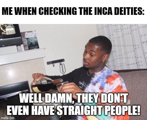 They don't have Bi either! xD | ME WHEN CHECKING THE INCA DEITIES:; WELL DAMN, THEY DON'T EVEN HAVE STRAIGHT PEOPLE! | image tagged in well damn right,deities,lgbt | made w/ Imgflip meme maker