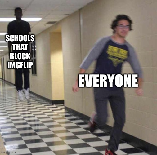 Cursed admins | SCHOOLS THAT BLOCK IMGFLIP; EVERYONE | image tagged in floating boy chasing running boy | made w/ Imgflip meme maker
