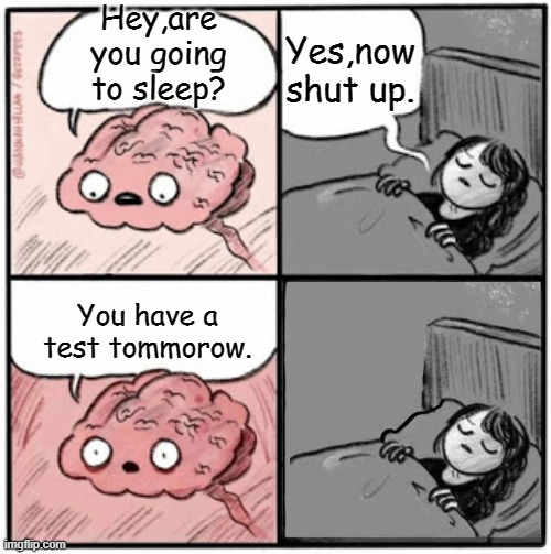 i wish everyone best of luck in the meme tournament | Hey,are you going to sleep? Yes,now shut up. You have a test tommorow. | image tagged in brain before sleep,test | made w/ Imgflip meme maker