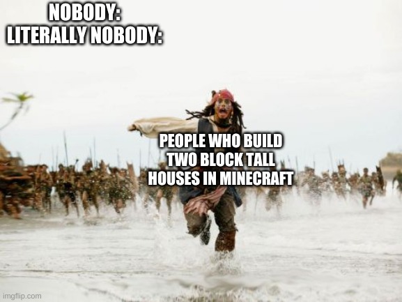 I despise people who do this. | NOBODY:
LITERALLY NOBODY:; PEOPLE WHO BUILD TWO BLOCK TALL HOUSES IN MINECRAFT | image tagged in memes,jack sparrow being chased | made w/ Imgflip meme maker