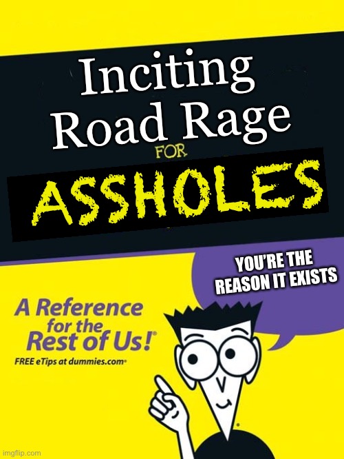 Includes chapters on brake checking, weaving, not using turn signals, cutting people off and more! | Inciting Road Rage ASSHOLES YOU’RE THE REASON IT EXISTS | image tagged in for dummies book,asshole driver,i am speed,funny memes | made w/ Imgflip meme maker