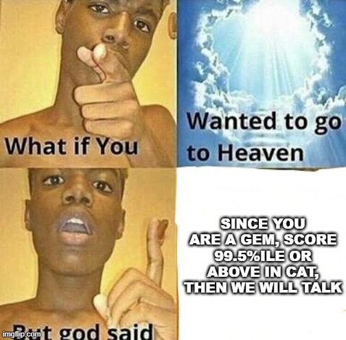 What if you wanted to go to Heaven | SINCE YOU ARE A GEM, SCORE 99.5%ILE OR ABOVE IN CAT, THEN WE WILL TALK | image tagged in what if you wanted to go to heaven | made w/ Imgflip meme maker