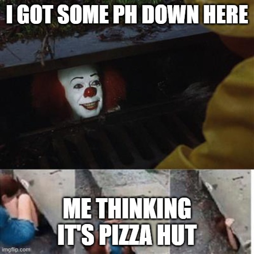 PH | I GOT SOME PH DOWN HERE; ME THINKING IT'S PIZZA HUT | image tagged in pennywise in sewer | made w/ Imgflip meme maker
