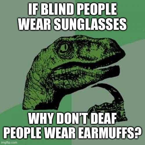 Hmmm... | IF BLIND PEOPLE WEAR SUNGLASSES; WHY DON’T DEAF PEOPLE WEAR EARMUFFS? | image tagged in memes,philosoraptor | made w/ Imgflip meme maker