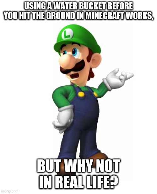 Logic Luigi |  USING A WATER BUCKET BEFORE YOU HIT THE GROUND IN MINECRAFT WORKS, BUT WHY NOT IN REAL LIFE? | image tagged in logic luigi,minecraft,water,mario,luigi | made w/ Imgflip meme maker