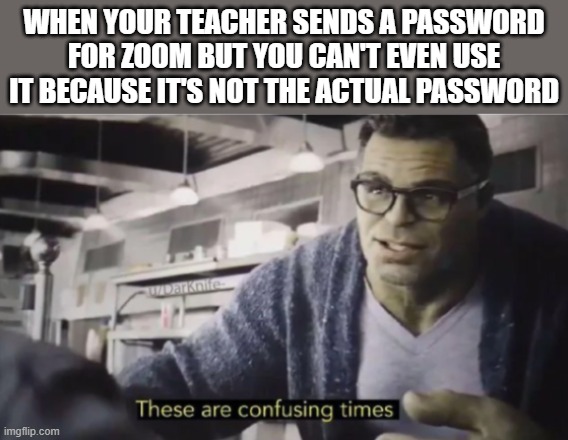 i LOVE!!! my teacher!!!!!!!!!!!!!!!!!!!!!!!!!!!!!! :,) | WHEN YOUR TEACHER SENDS A PASSWORD FOR ZOOM BUT YOU CAN'T EVEN USE IT BECAUSE IT'S NOT THE ACTUAL PASSWORD | image tagged in these are confusing times,i'm 15 so don't try it,who reads these | made w/ Imgflip meme maker