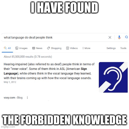 I have found it | I HAVE FOUND; THE FORBIDDEN KNOWLEDGE | image tagged in deaf,barney episode 10 rerun is the best one yet,i'll kill you if you don't give me your chicken soup | made w/ Imgflip meme maker
