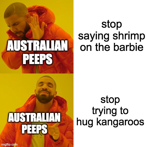 bruh | stop saying shrimp on the barbie; AUSTRALIAN PEEPS; stop trying to hug kangaroos; AUSTRALIAN PEEPS | image tagged in memes,drake hotline bling | made w/ Imgflip meme maker