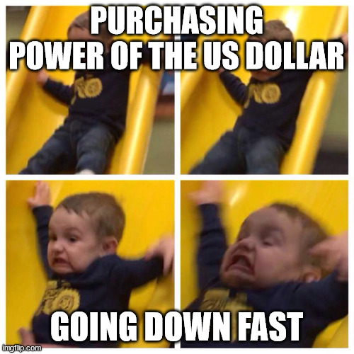 Kid falling down slide | PURCHASING POWER OF THE US DOLLAR GOING DOWN FAST | image tagged in kid falling down slide | made w/ Imgflip meme maker