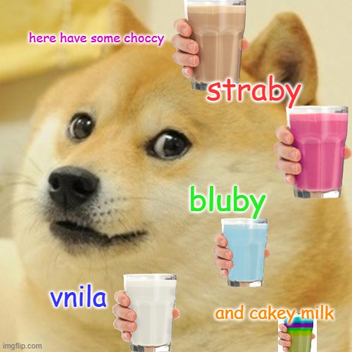 Doge Meme | here have some choccy; straby; bluby; vnila; and cakey milk | image tagged in memes,doge | made w/ Imgflip meme maker