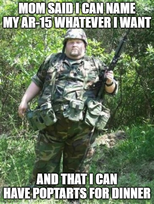but | MOM SAID I CAN NAME MY AR-15 WHATEVER I WANT; AND THAT I CAN HAVE POPTARTS FOR DINNER | image tagged in fat soldier,guns | made w/ Imgflip meme maker