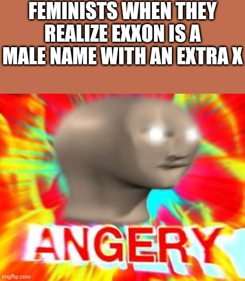 Surreal Angery | FEMINISTS WHEN THEY REALIZE EXXON IS A MALE NAME WITH AN EXTRA X | image tagged in surreal angery,feminists,feminism | made w/ Imgflip meme maker