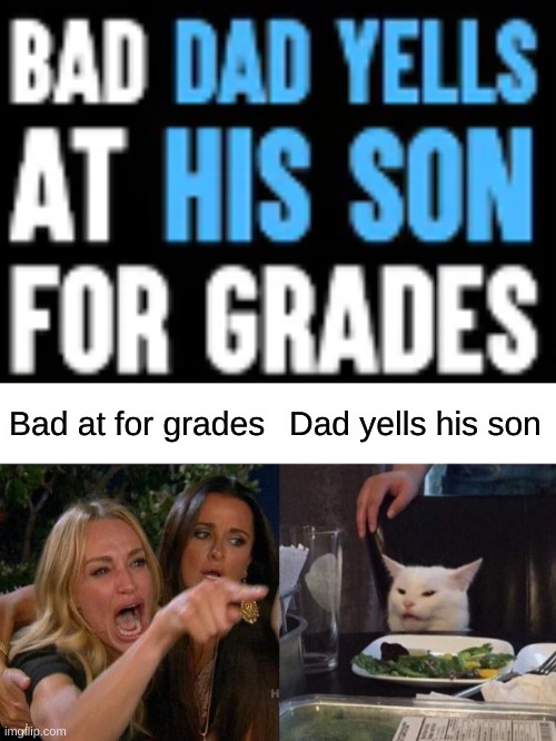 Bad at for grades; Dad yells his son | image tagged in memes,woman yelling at cat | made w/ Imgflip meme maker