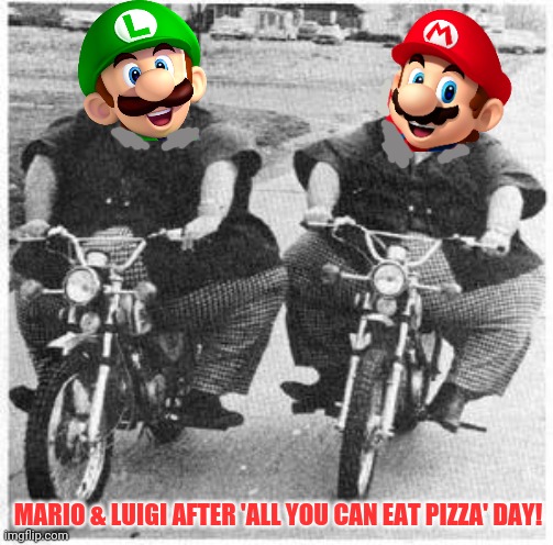 Super Beefy Bros. | MARIO & LUIGI AFTER 'ALL YOU CAN EAT PIZZA' DAY! | image tagged in fat twins,free,pizza time,super mario bros,gotta eat it all | made w/ Imgflip meme maker