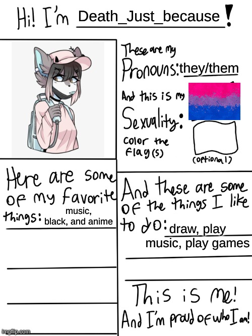 hello :) | Death_Just_because; they/them; music, black, and anime; draw, play music, play games | image tagged in lgbtq stream account profile | made w/ Imgflip meme maker