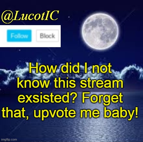 UpVoTe ThIs FoR wAn FrEe Co0ciE | How did I not know this stream exsisted? Forget that, upvote me baby! | image tagged in lucotic announcement 1 | made w/ Imgflip meme maker