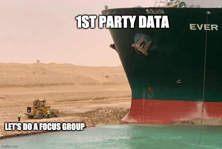 Customer insights backlog | 1ST PARTY DATA; LET'S DO A FOCUS GROUP | image tagged in suez things | made w/ Imgflip meme maker