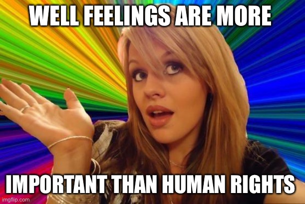 Dumb Blonde Meme | WELL FEELINGS ARE MORE IMPORTANT THAN HUMAN RIGHTS | image tagged in memes,dumb blonde | made w/ Imgflip meme maker