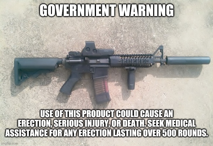 Solution to gun control...FDA warning | GOVERNMENT WARNING; USE OF THIS PRODUCT COULD CAUSE AN ERECTION, SERIOUS INJURY, OR DEATH. SEEK MEDICAL ASSISTANCE FOR ANY ERECTION LASTING OVER 500 ROUNDS. | image tagged in ar15 | made w/ Imgflip meme maker