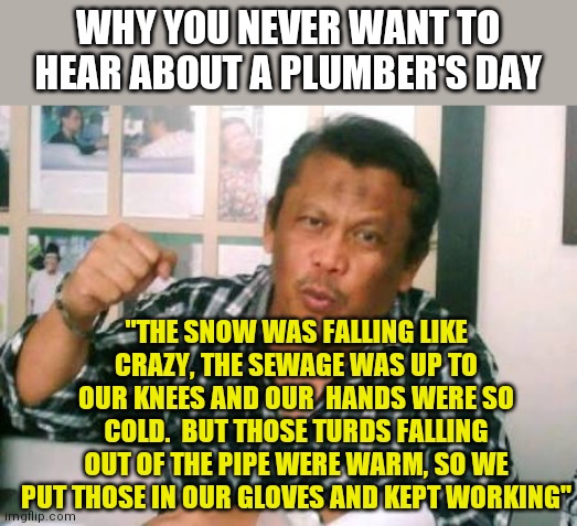 Some professions have old war stories you'd rather not hear. | WHY YOU NEVER WANT TO HEAR ABOUT A PLUMBER'S DAY; "THE SNOW WAS FALLING LIKE CRAZY, THE SEWAGE WAS UP TO OUR KNEES AND OUR  HANDS WERE SO COLD.  BUT THOSE TURDS FALLING OUT OF THE PIPE WERE WARM, SO WE PUT THOSE IN OUR GLOVES AND KEPT WORKING" | image tagged in bro fist dumb guy,plumber,stories | made w/ Imgflip meme maker