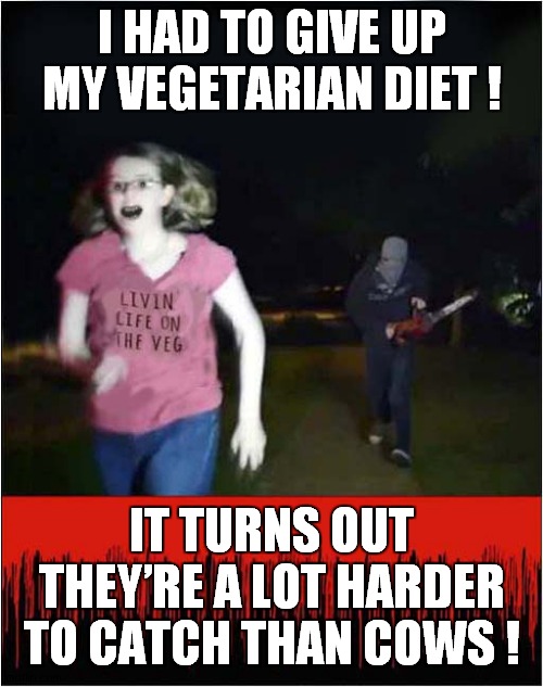 Livin' Life On The Veg ? | I HAD TO GIVE UP MY VEGETARIAN DIET ! IT TURNS OUT THEY’RE A LOT HARDER TO CATCH THAN COWS ! | image tagged in vegetarians,cannibalism,dark humour | made w/ Imgflip meme maker