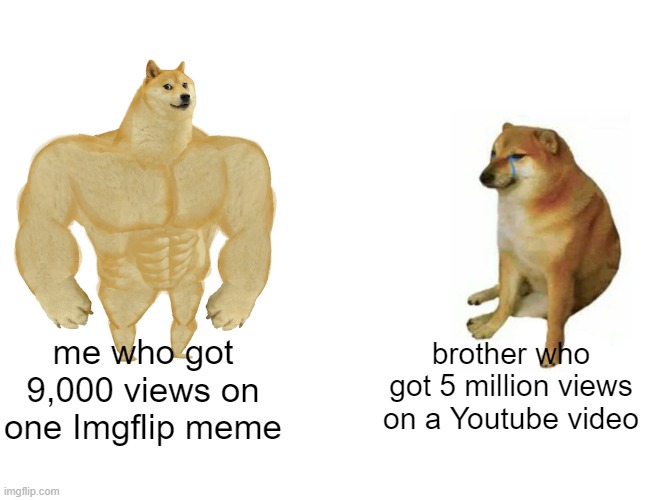 Buff Doge vs. Cheems | brother who got 5 million views on a Youtube video; me who got 9,000 views on one Imgflip meme | image tagged in memes,buff doge vs cheems | made w/ Imgflip meme maker