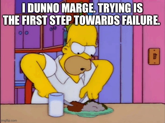 Homer quote | I DUNNO MARGE. TRYING IS THE FIRST STEP TOWARDS FAILURE. | image tagged in homer simpson | made w/ Imgflip meme maker