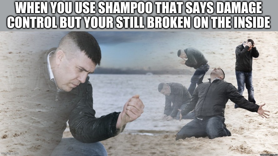 T~T | WHEN YOU USE SHAMPOO THAT SAYS DAMAGE CONTROL BUT YOUR STILL BROKEN ON THE INSIDE | image tagged in guy with sand in the hands of despair | made w/ Imgflip meme maker