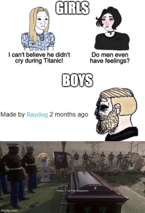 We will remember you | GIRLS; BOYS | image tagged in chad crying,raydog,rip,press f to pay respects | made w/ Imgflip meme maker