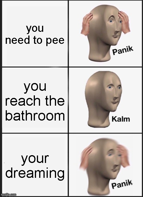 Panik Kalm Panik Meme | you need to pee; you reach the bathroom; your dreaming | image tagged in memes,panik kalm panik | made w/ Imgflip meme maker