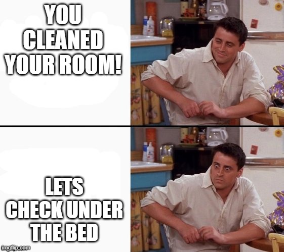 Comprehending Joey | YOU CLEANED YOUR ROOM! LETS CHECK UNDER THE BED | image tagged in comprehending joey | made w/ Imgflip meme maker