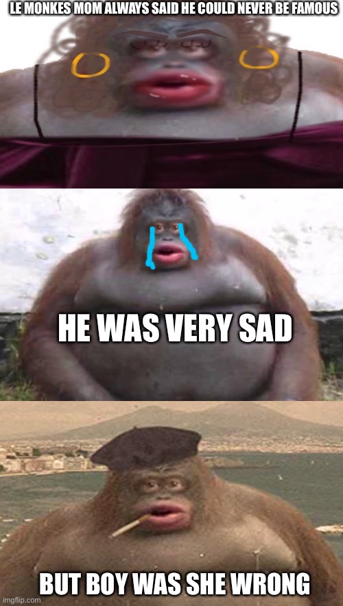 Lol | LE MONKES MOM ALWAYS SAID HE COULD NEVER BE FAMOUS; HE WAS VERY SAD; BUT BOY WAS SHE WRONG | image tagged in le monke,monke,monkey,never gonna give you up,never gonna let you down,never gonna run around | made w/ Imgflip meme maker